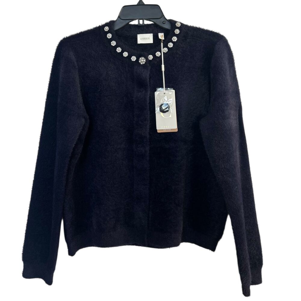 Cyrus Navy Fuzzy Embellished Rhinestone Button Cardigan Sweater Medium NWT